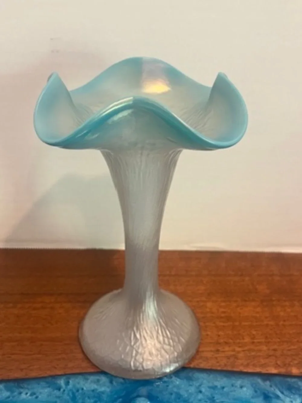 Kralik Martele Blue Ruffle Edge Iridescent Vase Bohemian Art Glass Vintage